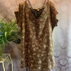 Carolyn Taylor Floral Print T-Shirt Tunic Gauzy V-Neck Capped Sleeve Lightweight